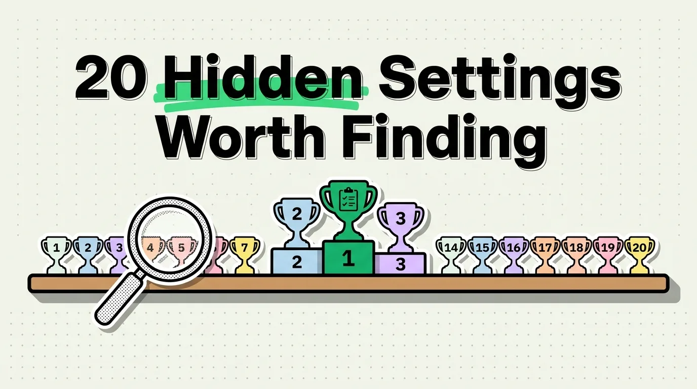 Twenty numbered trophies on a shelf with magnifying glass highlighting hidden iPhone settings on a podium
