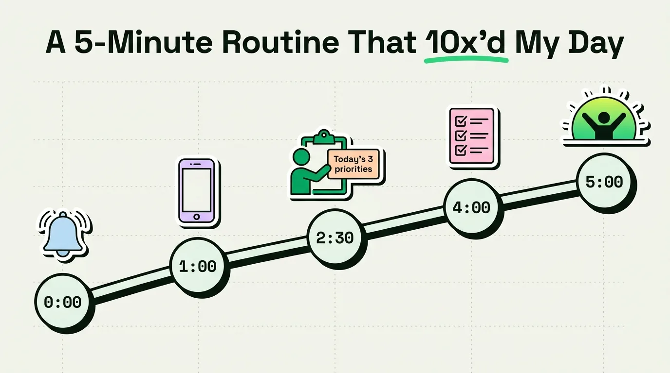 Five-minute morning timeline from alarm to phone to top-three priorities checklist and sunrise productivity finish