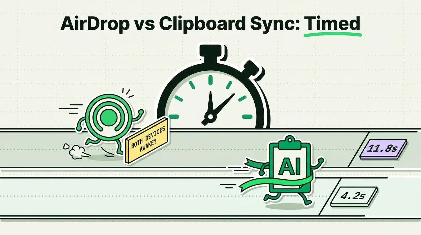 Racing AirDrop and clipboard characters against stopwatch showing 11.8s versus 4.2s sync times