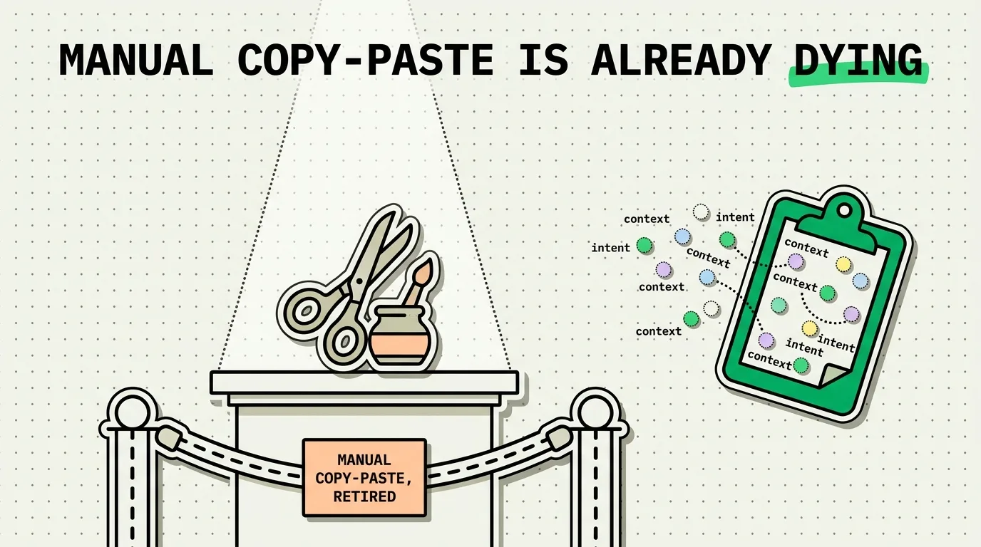 Retired scissors and paste jar on a museum pedestal as context and intent flow into an AI clipboard