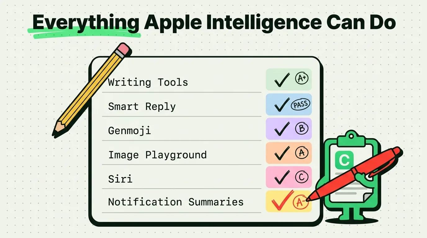 Graded checklist rating Apple Intelligence features Writing Tools, Smart Reply, Genmoji, Siri with letter grades