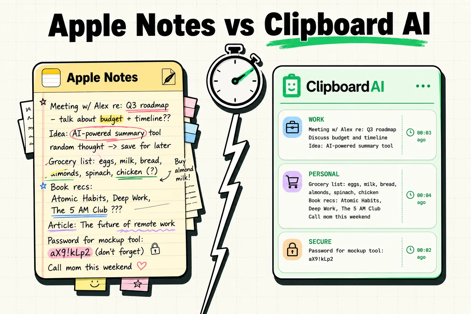 Split panel comparing cluttered Apple Notes to a tidy sorted ClipboardAI card