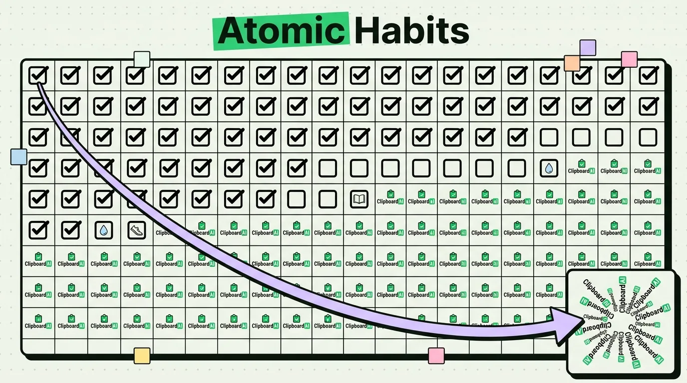 Habit tracker checkbox grid compounding into ClipboardAI icons illustrating atomic habits for iPhone productivity