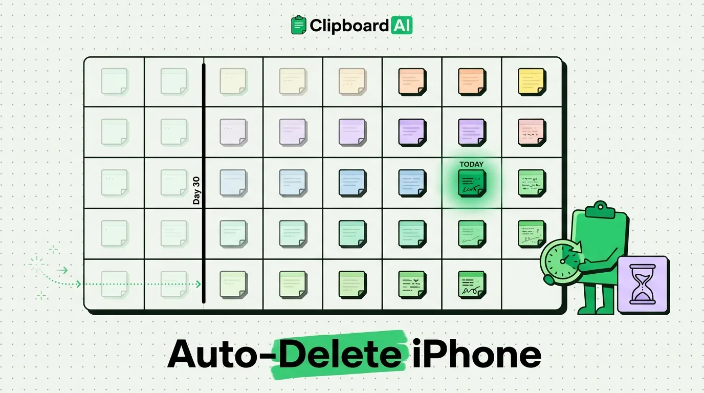 Calendar grid of clip notes fading over 30 days with clipboard character holding timer for auto-delete
