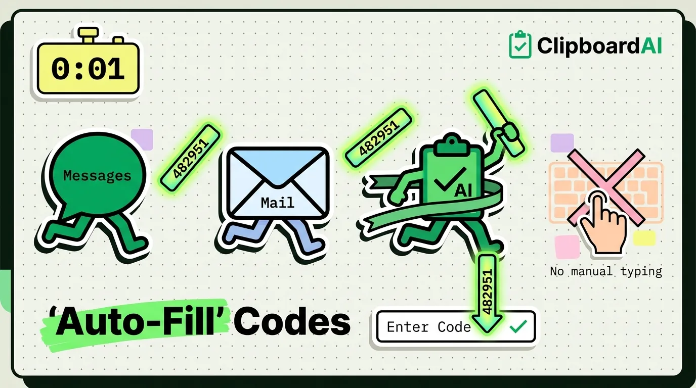 Messages, Mail and ClipboardAI runners relay a 482951 verification code into an enter-code field, no manual typing needed