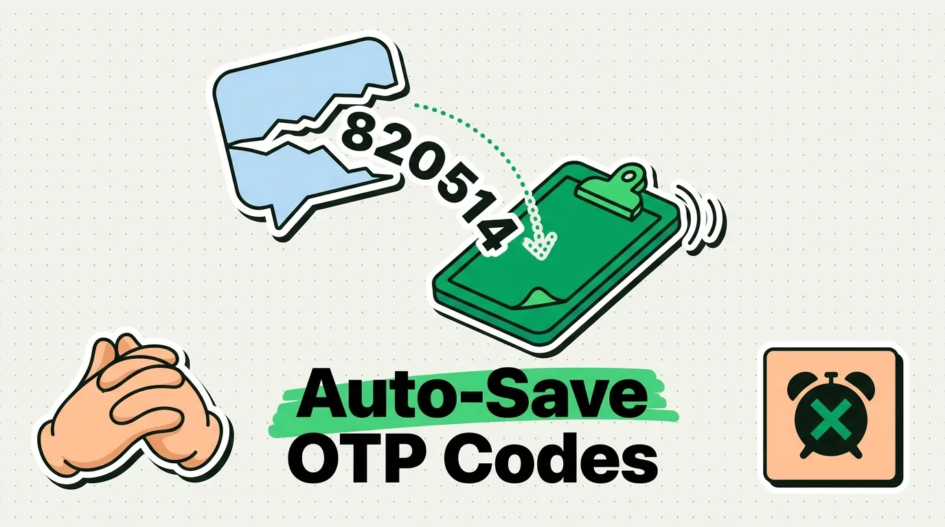 One-time passcode 820514 auto-saving from a text message bubble into a green clipboard, no manual typing