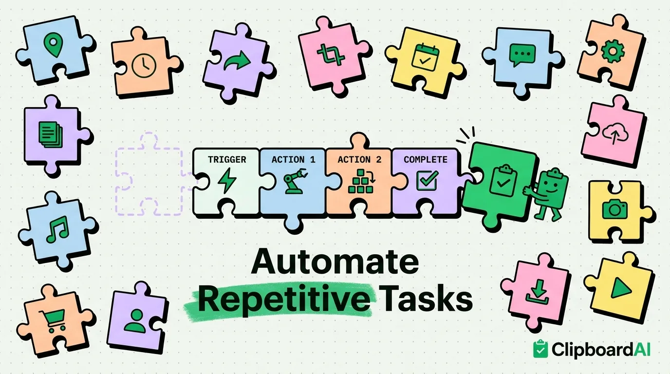 Colorful jigsaw puzzle pieces assembling a trigger, action and complete automation chain around ClipboardAI mascot