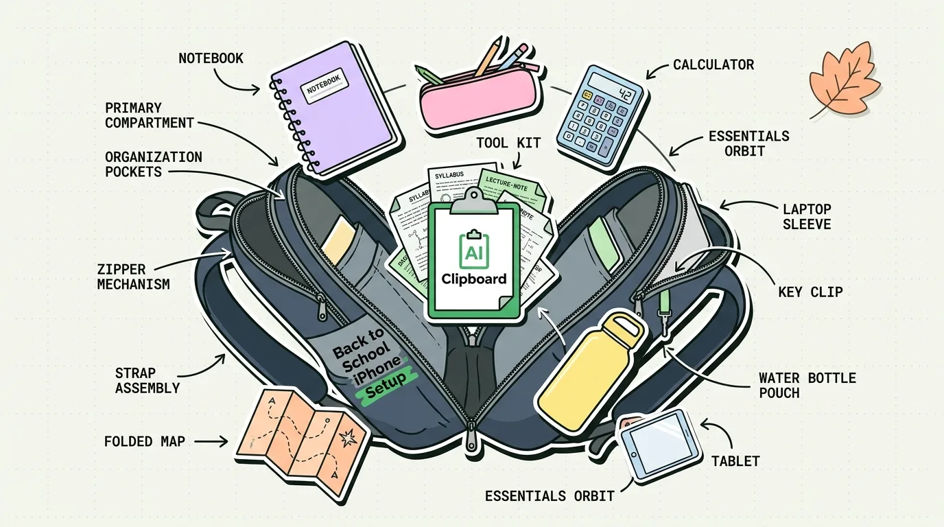 Labeled backpack diagram with notebook, calculator, clipboard, water bottle and tablet for school setup