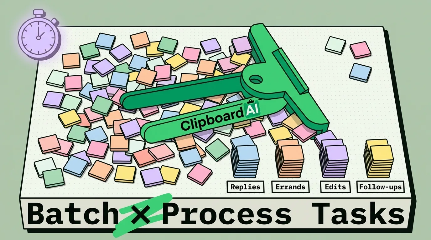 Green squeegee sweeping scattered pastel task notes into neat stacks of replies, errands, edits, follow-ups