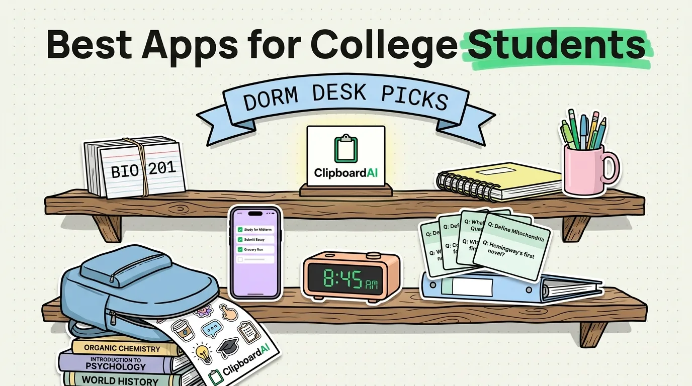 Dorm desk shelf with textbooks, flashcards, backpack, and iPhone showing best study apps for college students