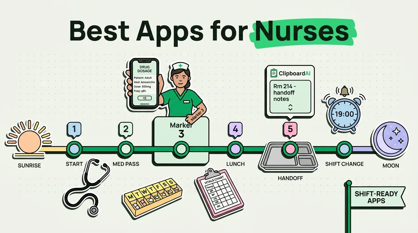 Nurse shift timeline from sunrise to moon showing drug dosage, handoff notes, and clipboard apps for iPhone