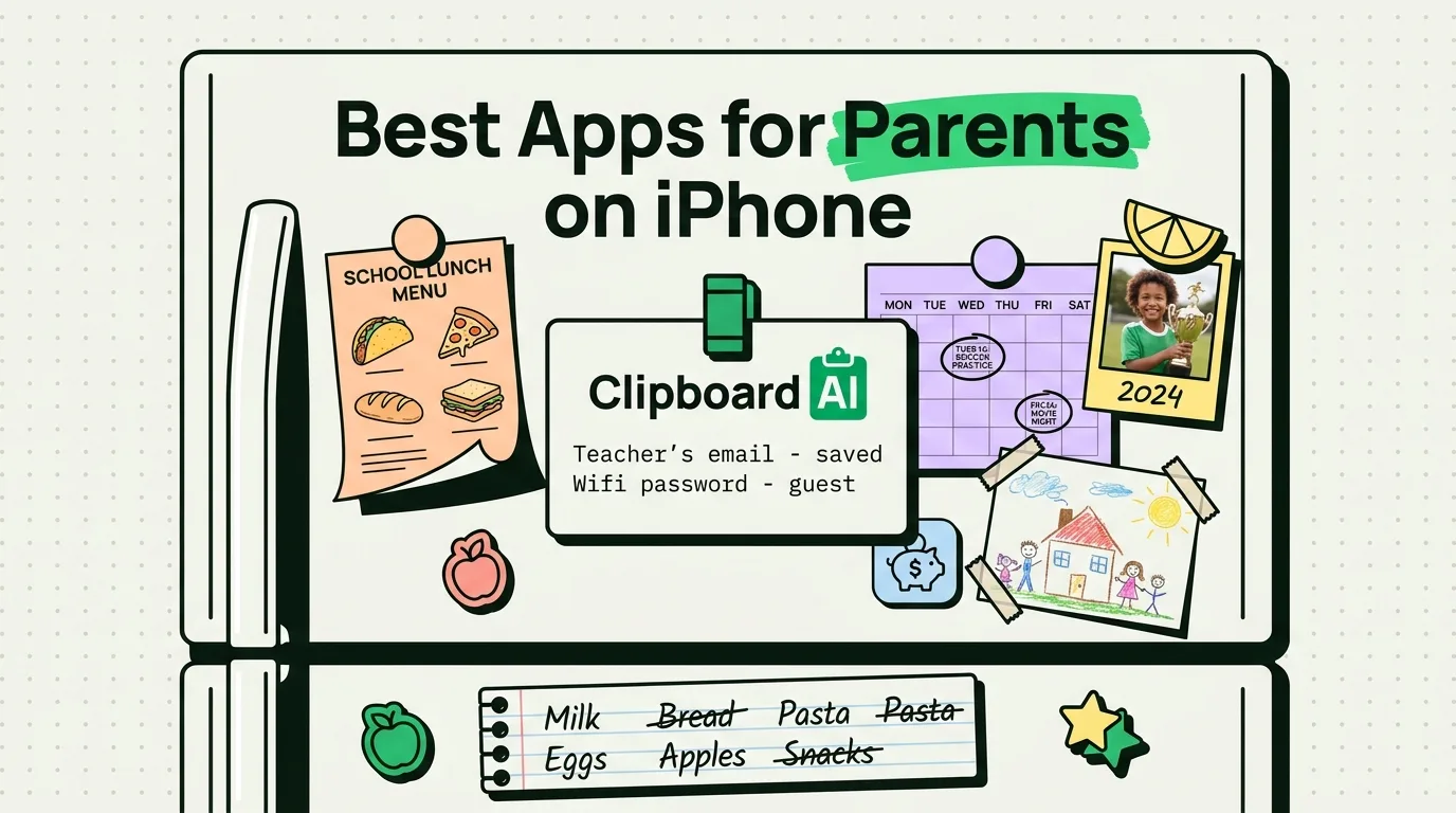 Refrigerator door with school menu, calendar, kids drawing, and ClipboardAI saving teacher email and WiFi password for parents