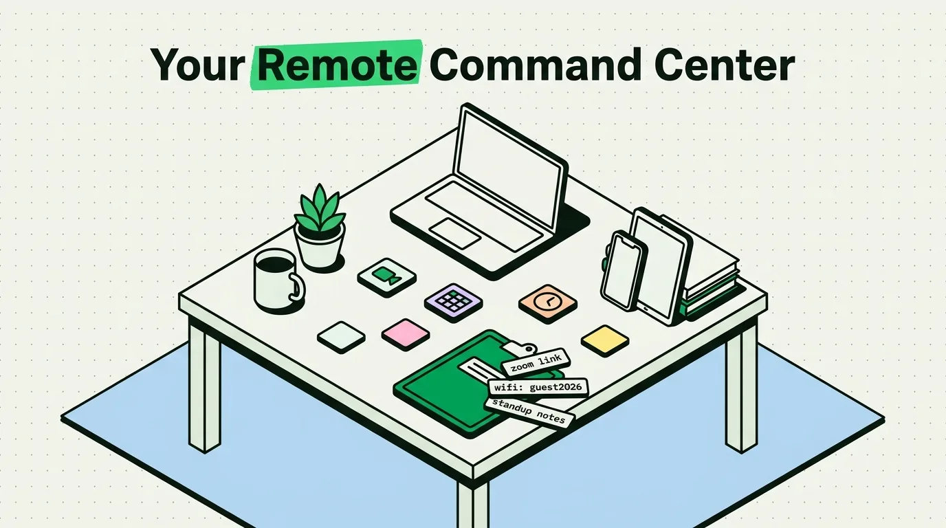 Isometric remote work desk with laptop and clipboard holding zoom link, wifi and standup notes