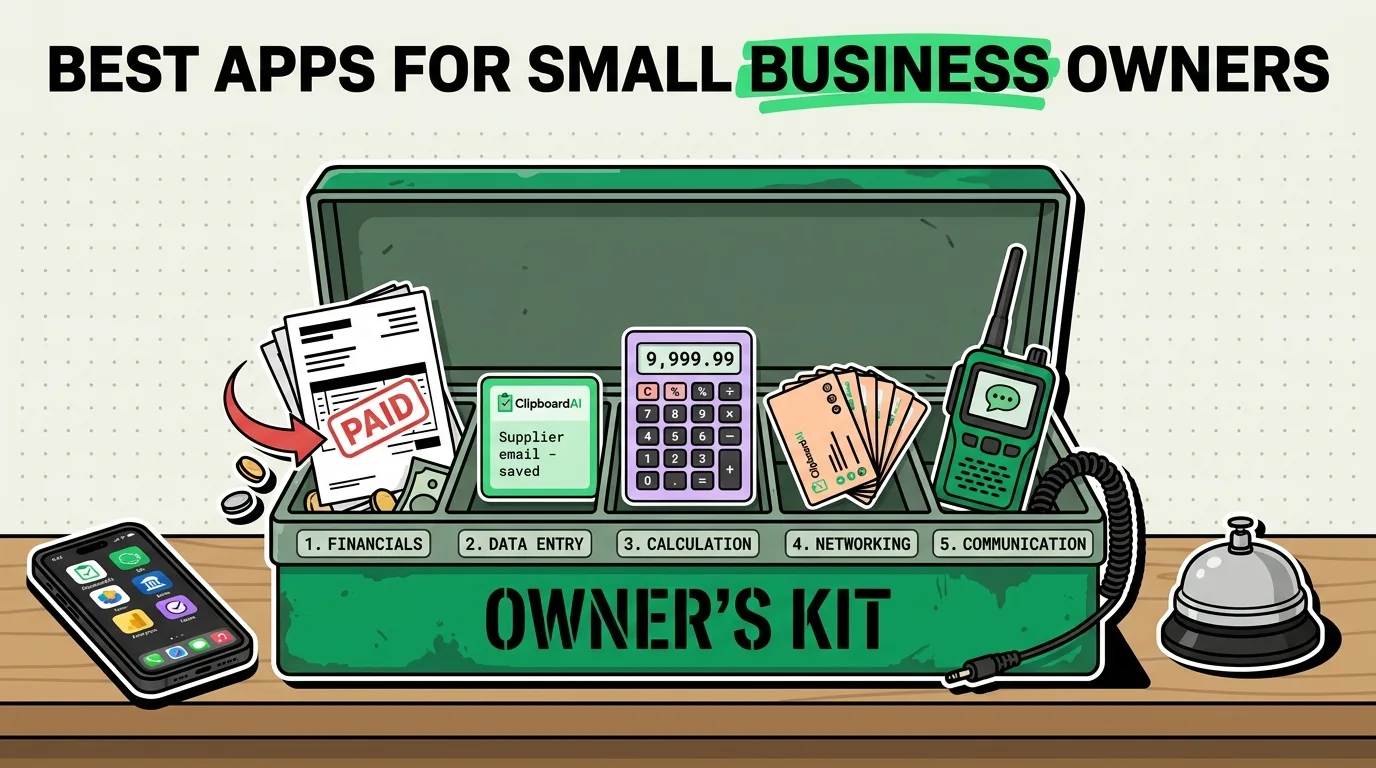 Green toolbox labeled Owner's Kit with compartments for financials, data entry, calculation, networking and communication apps