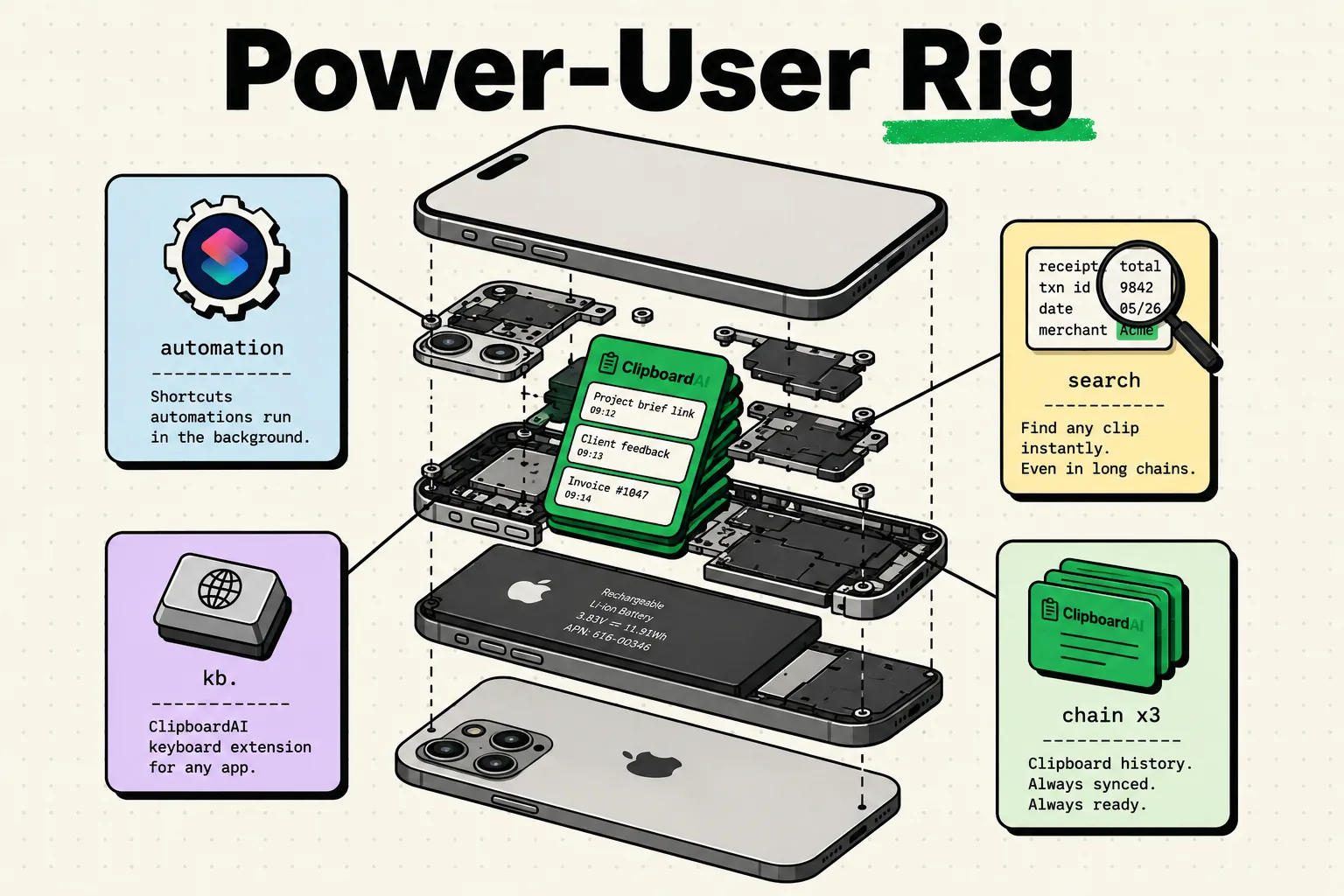 Exploded iPhone diagram showing Shortcuts, keyboard and search feeding a ClipboardAI chain
