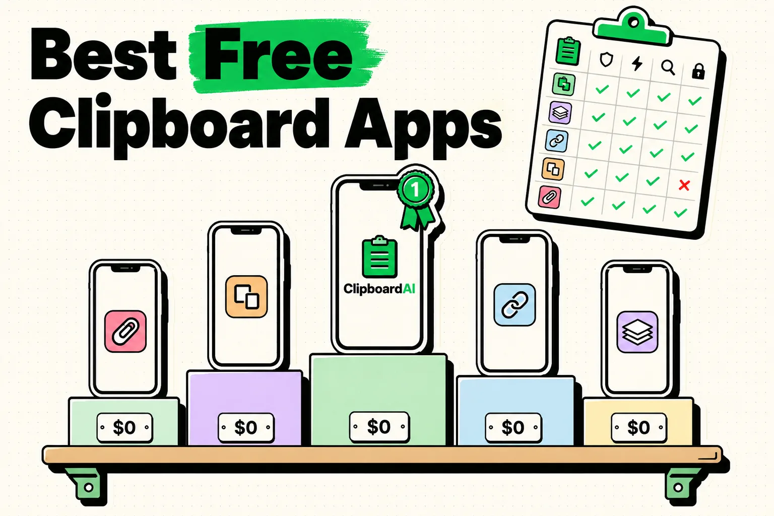 Five iPhone silhouettes on a podium ranking the best free clipboard apps