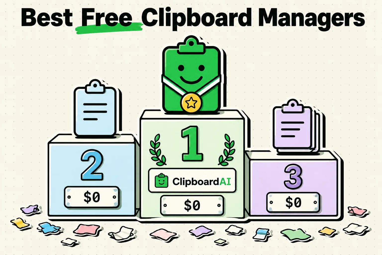 Trophy podium crowning ClipboardAI among the best free clipboard managers, all priced at zero