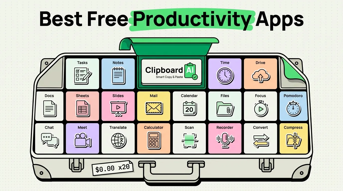 Open toolbox of free iPhone productivity app tiles with Clipboard AI centered and zero-cost price tag