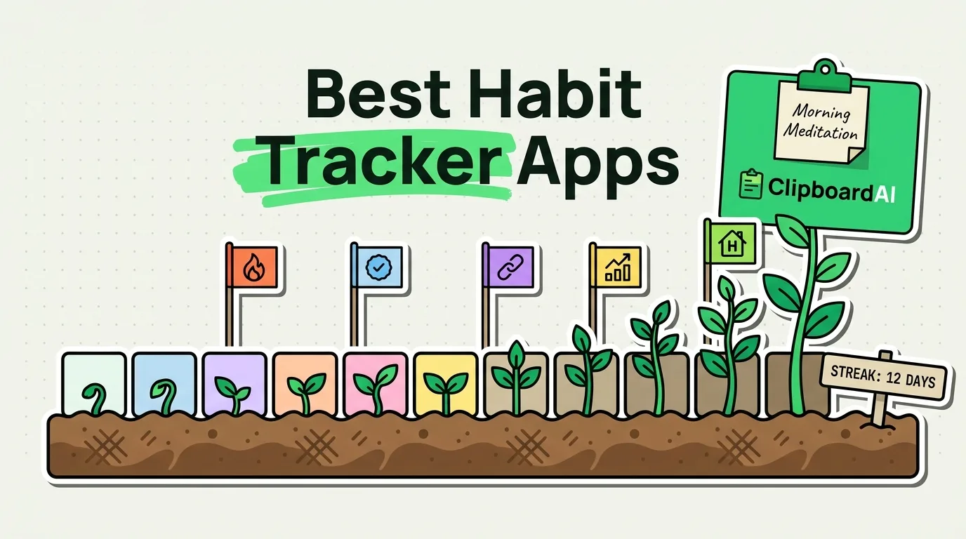 Growing seedlings with milestone flags and ClipboardAI morning meditation note showing twelve-day habit streak
