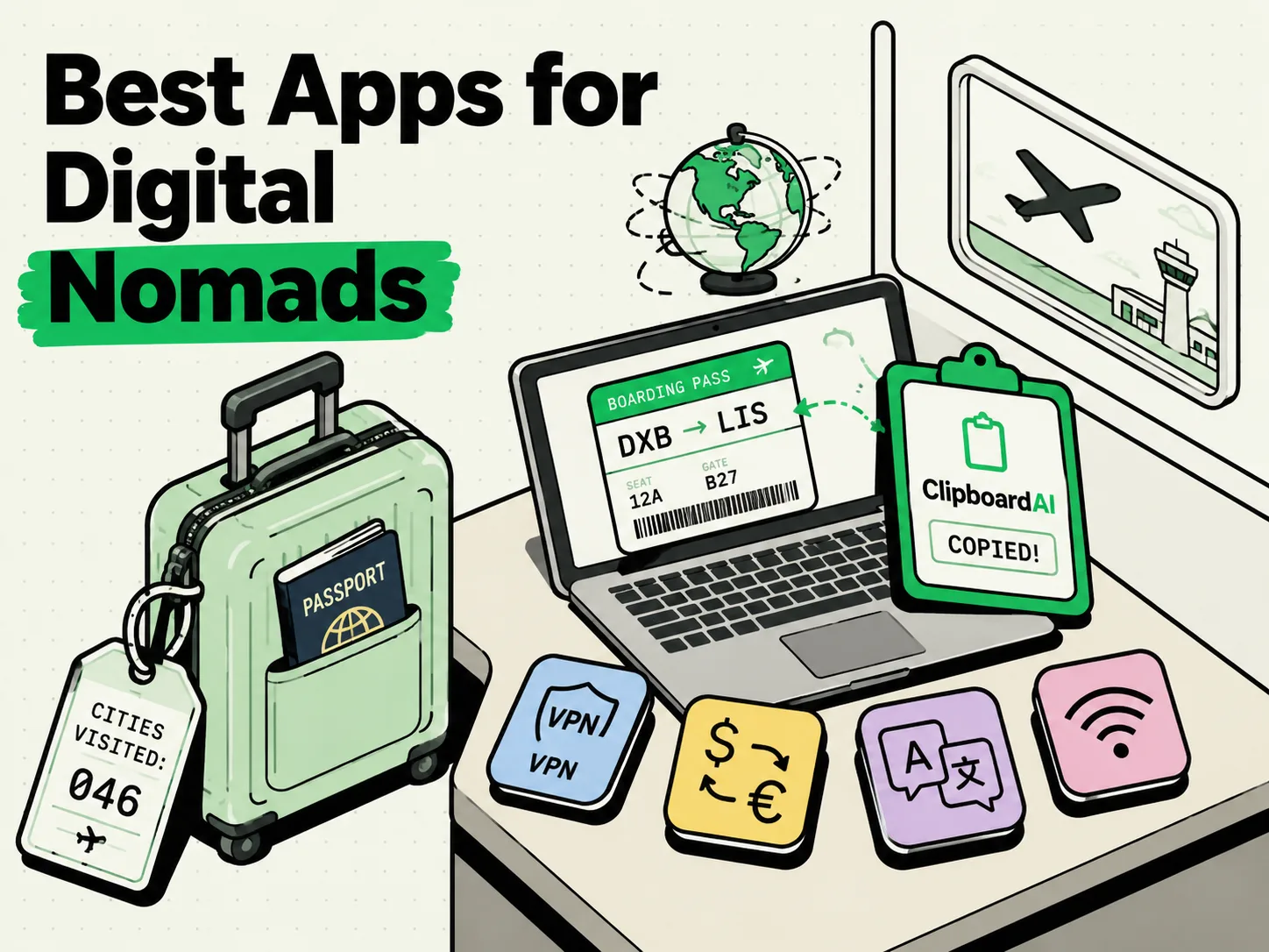 Isometric airport desk with suitcase, passport, globe and laptop copying a DXB to LIS boarding pass into ClipboardAI