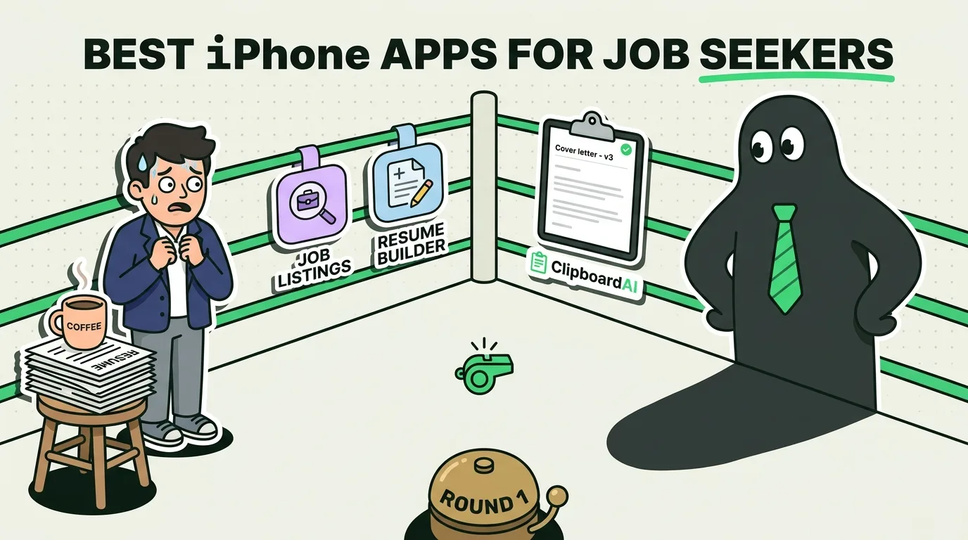 Nervous job seeker in a boxing ring facing an interviewer, armed with resume builder and Clipboard AI cover letter apps
