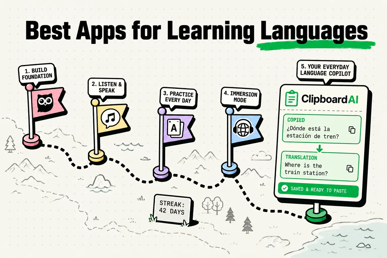 Route map of flag pins linking the best iPhone language-learning apps