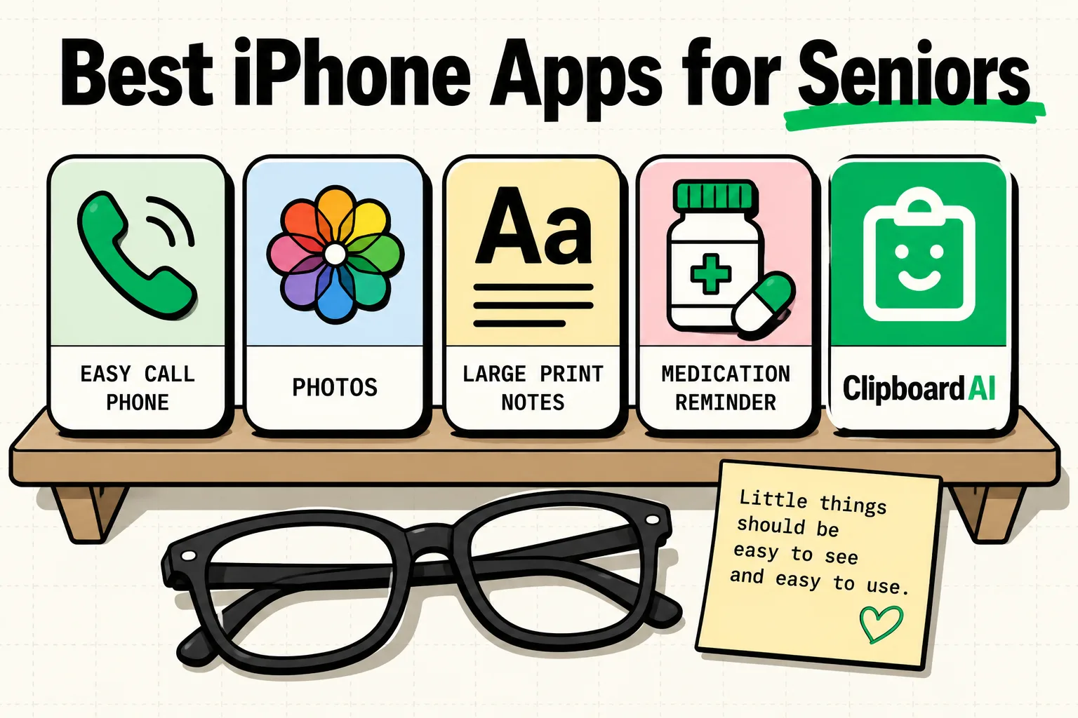 Shelf of oversized, easy-to-tap iPhone app icons designed for senior users