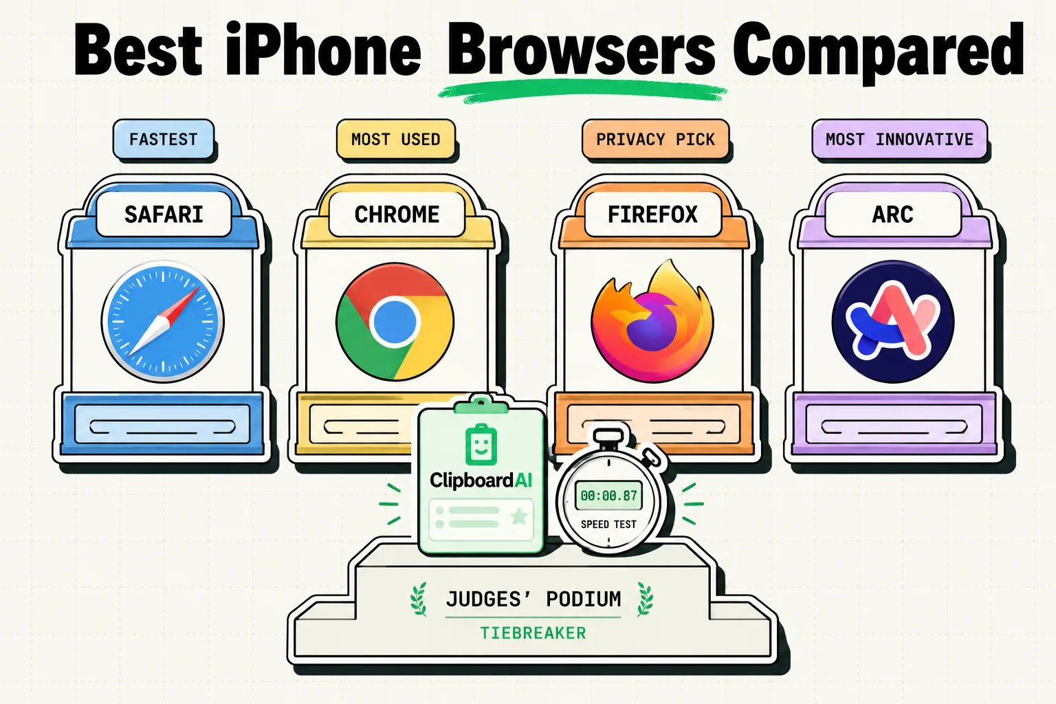 Four browser booths lined up comparing Safari, Chrome, Firefox and Arc