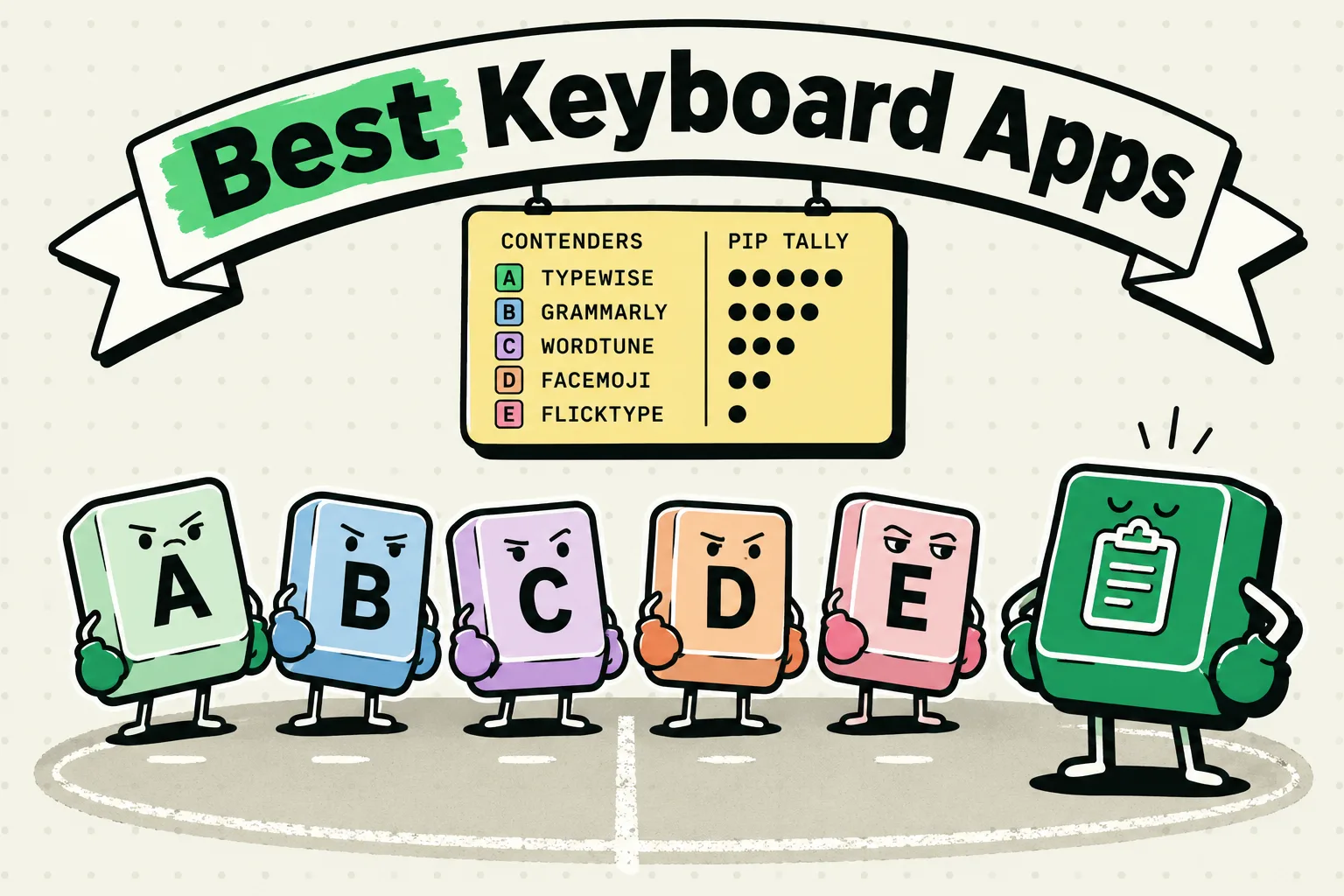 Lineup of letter-key character mascots with a scoreboard and a green clipboard mascot standing apart