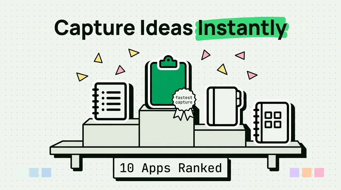 Note-taking app notebooks on a podium shelf with a fastest-capture ribbon and 10 apps ranked banner