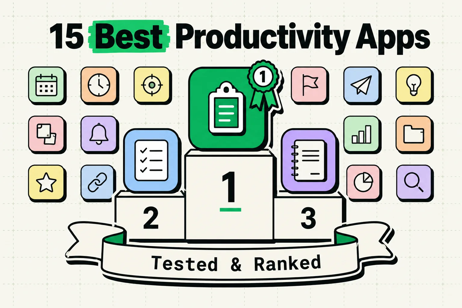 Colorful app icons around a winners podium with the clipboard app taking first place, tested and ranked