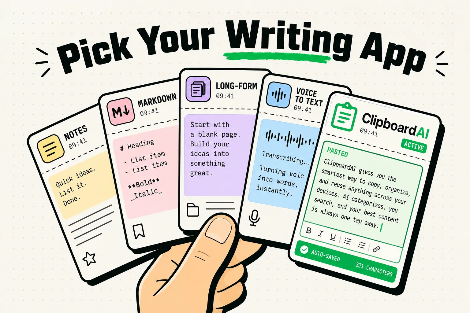 Fanned hand of text editing app icons with ClipboardAI at the front