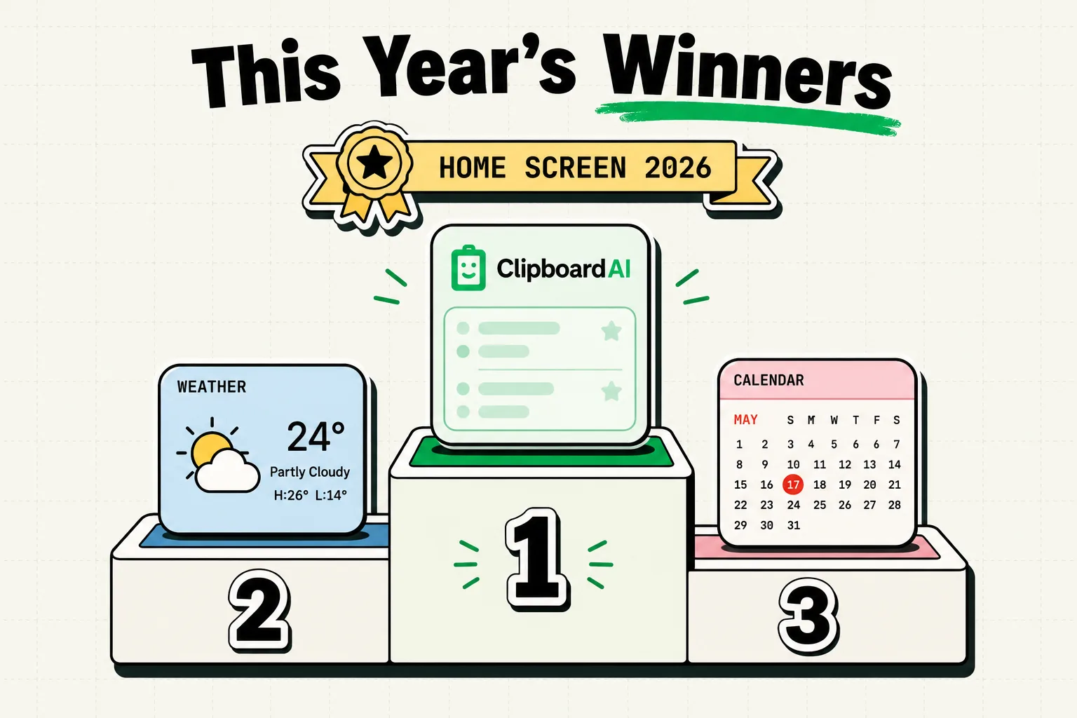 Awards podium crowning the best iPhone home screen widgets of 2026