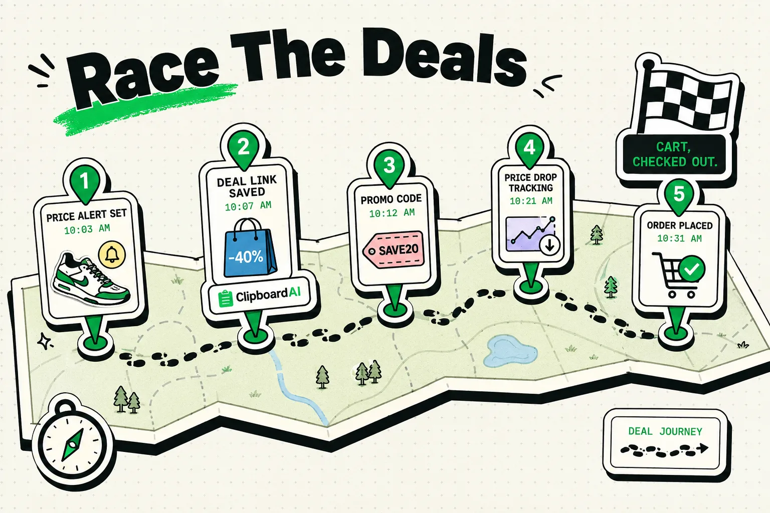 Treasure-map route of Black Friday price alerts and promo codes to ClipboardAI