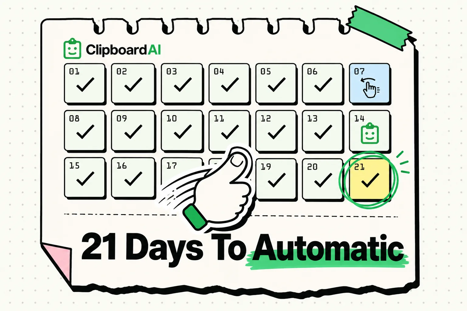 Twenty-one day streak-tracker grid building an automatic iPhone productivity habit