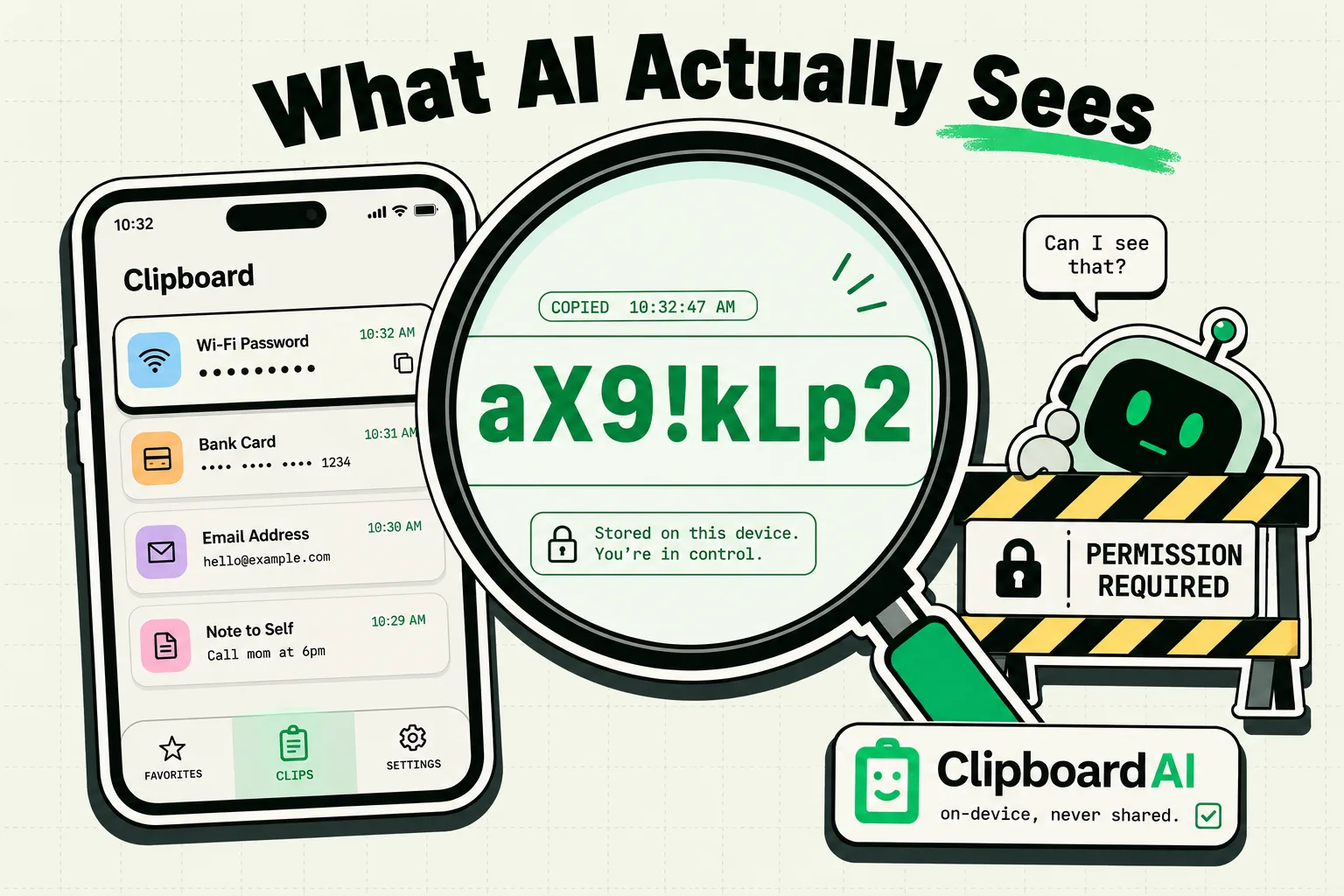 Magnifying glass showing what AI can and cannot see in a copied password