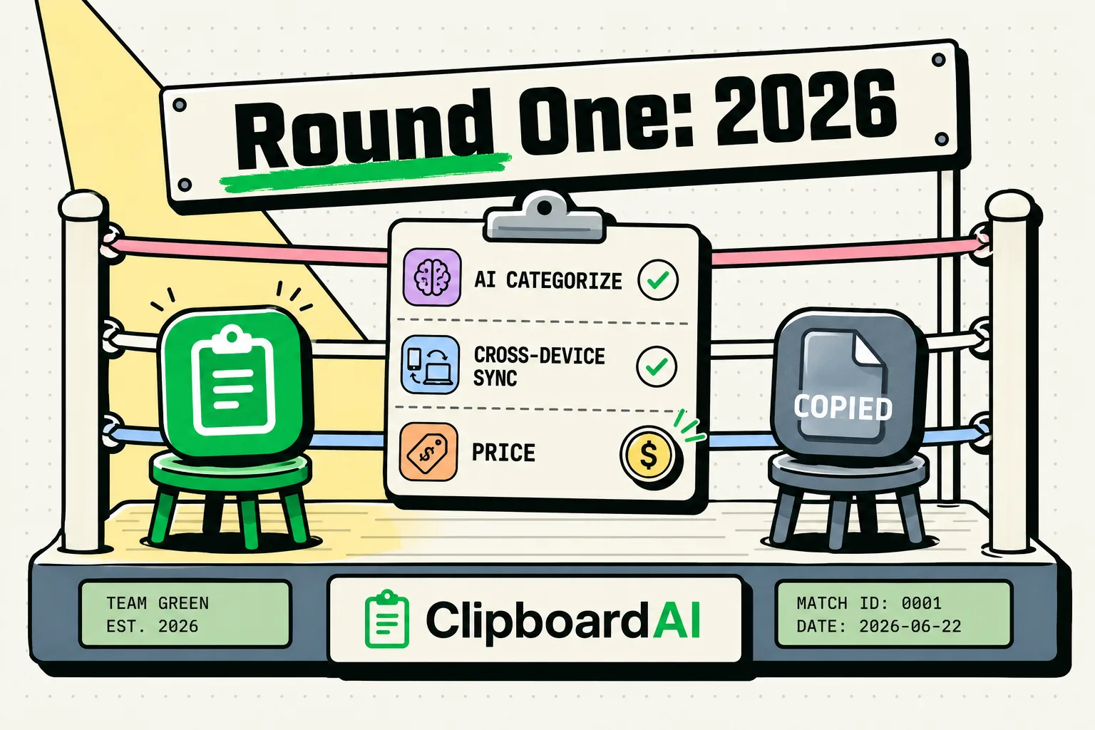 Boxing ring face-off between the ClipboardAI and Copied clipboard apps