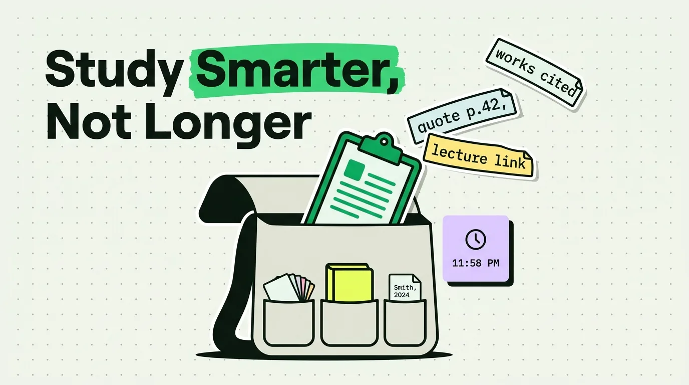 Student messenger bag with clipboard, flashcards and clipped citations, quotes and lecture links
