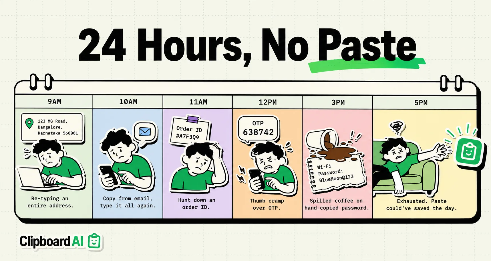 Hourly calendar strip of a day spent surviving without copy and paste