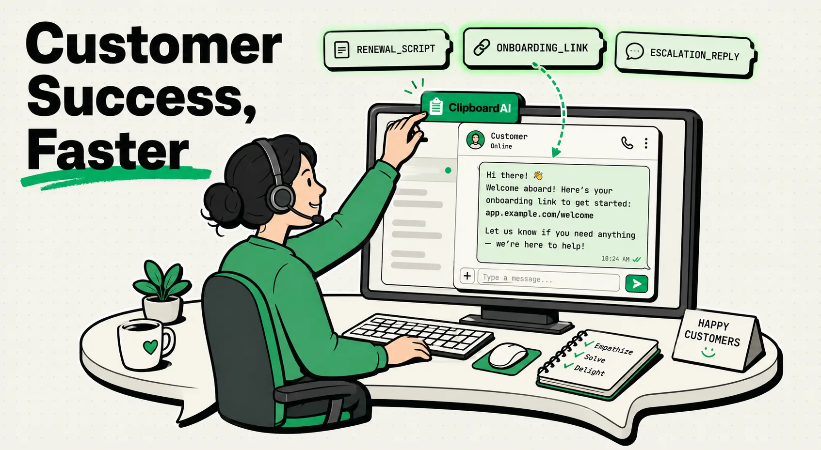 Customer success agent's desk with call-queue tickets feeding a ClipboardAI card