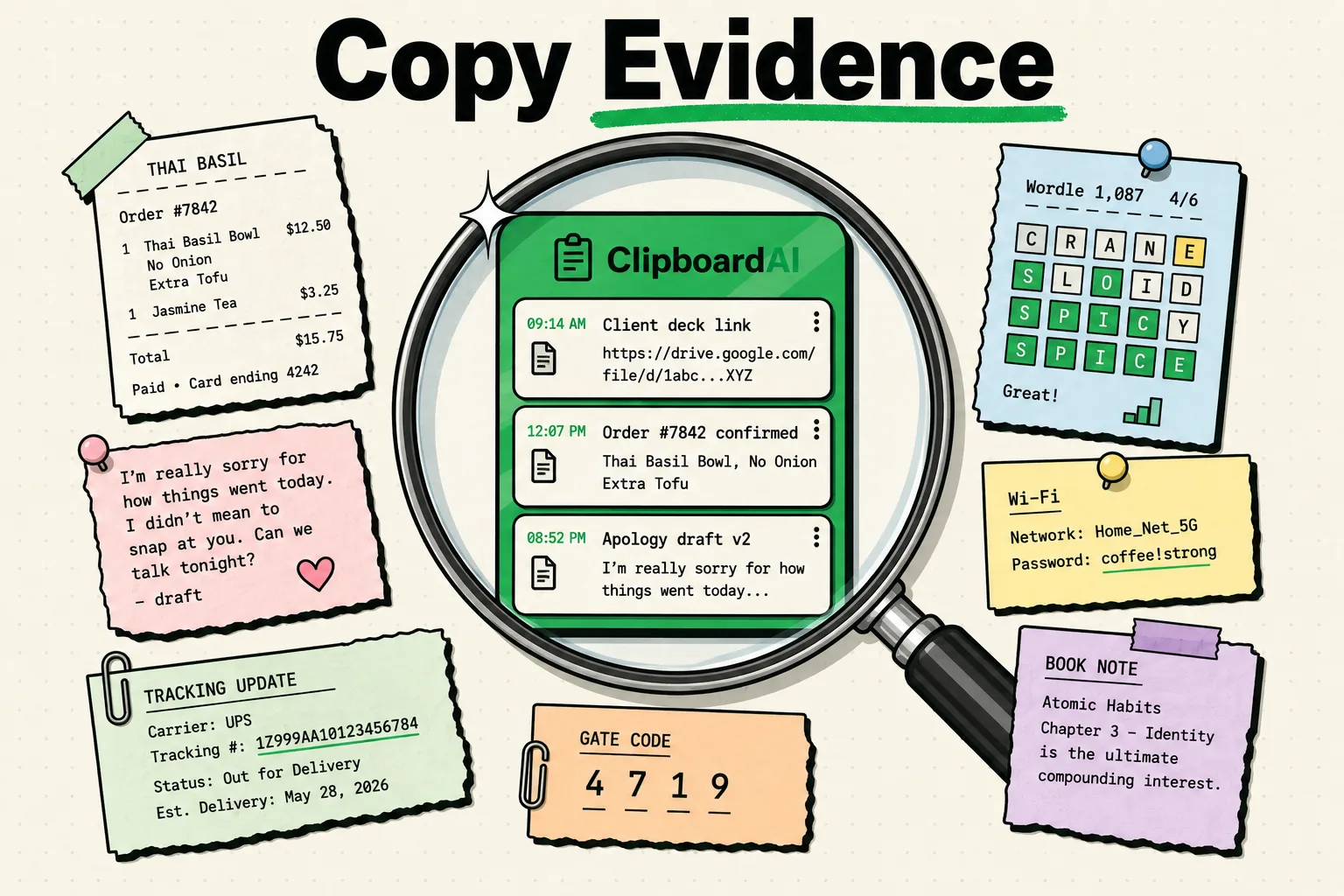 Magnifying glass zooming from scattered copied fragments to a sharp ClipboardAI clip