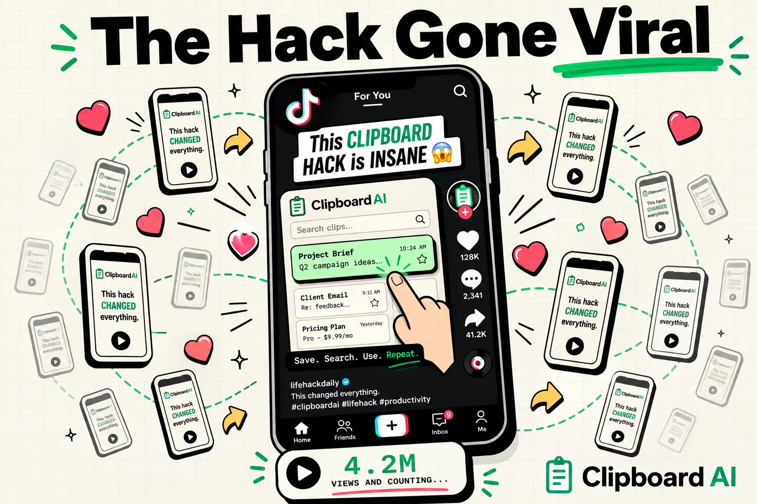 TikTok phone screen rippling outward as a viral ClipboardAI paste trick spreads