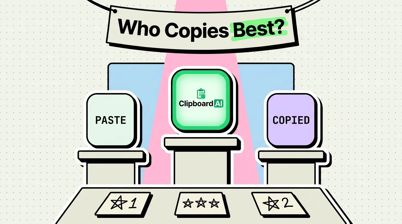 Game show podiums ranking clipboard apps with ClipboardAI winning center stage between Paste and Copied contestants