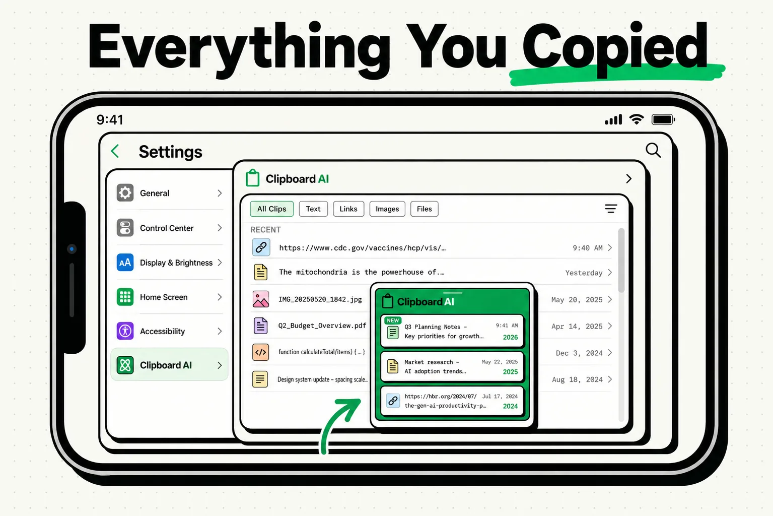 Nested iPhone Settings frames zooming into a timestamped ClipboardAI clip history