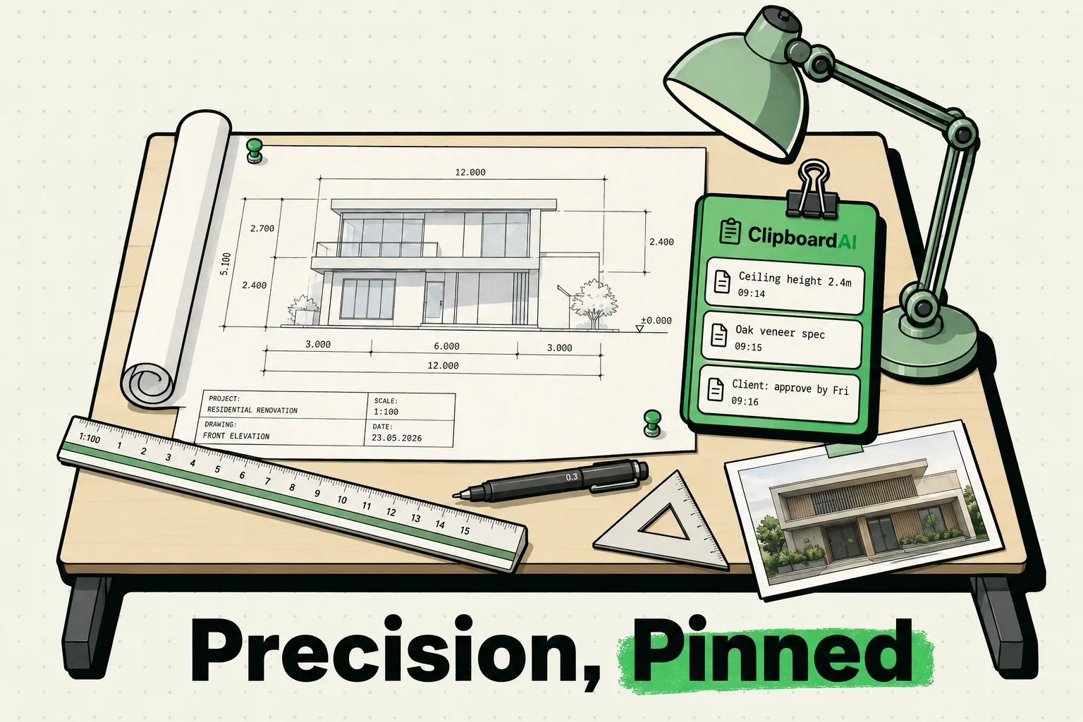 Architect's drafting desk with a blueprint and a ClipboardAI card of specs