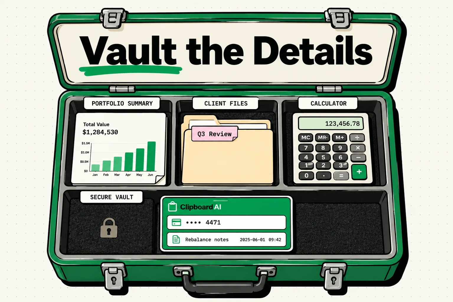 Locksmith-style toolbox of financial paperwork guarding a masked account number in ClipboardAI