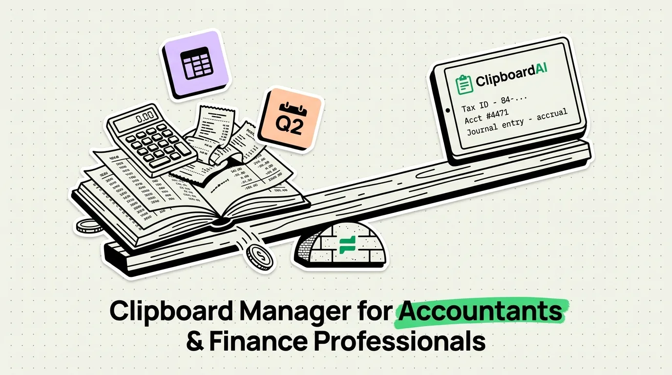 Balance seesaw weighing accounting ledgers and calculator against a ClipboardAI tablet holding tax ID and journal entries