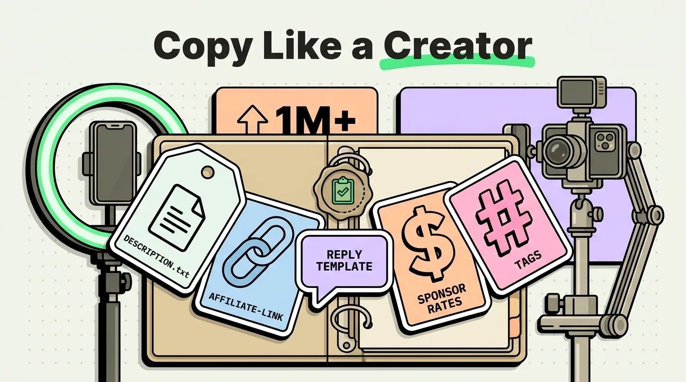Creator desk with ring light and camera, saved cards for description, affiliate link, reply template, sponsor rates and tags