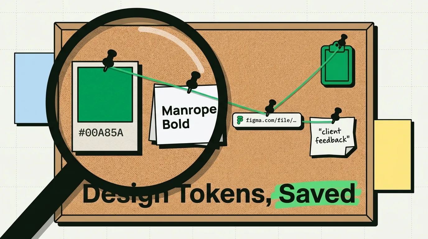 Cork board with pinned hex color swatch, Manrope Bold font, and Figma file link saved as design tokens for designers