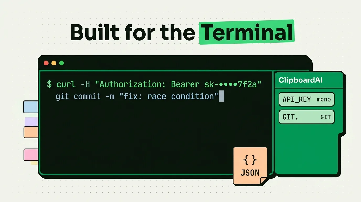 Terminal window with curl and git commands beside a ClipboardAI panel storing API keys and JSON